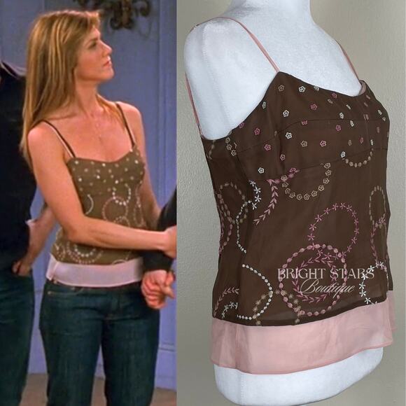 Rare Silk Top Brown Pink Embroidered ASO Friends Rachel Green Y2K Vintage - Picture 4 of 10